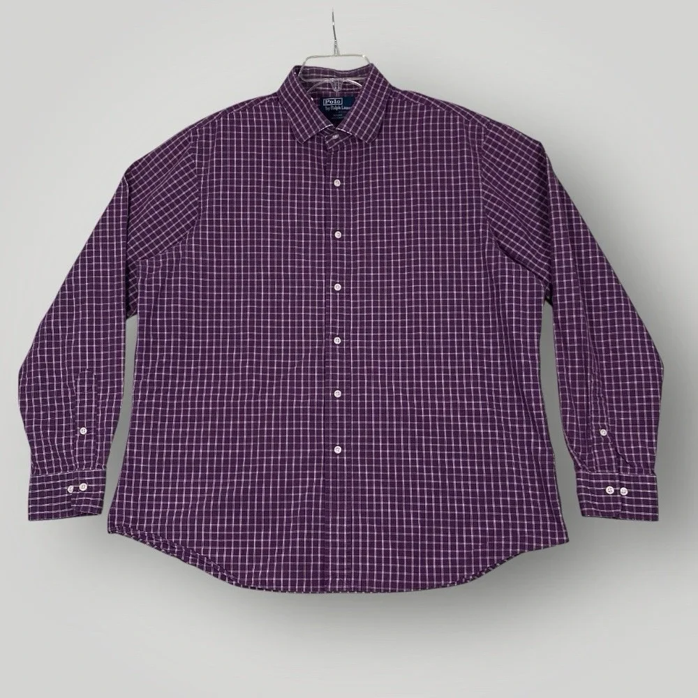 Polo Ralph Lauren Shirt Mens 17.5 XL Purple White Plaid Regent‎ Button Up